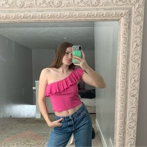 Mango Asymmetrical One Shoulder Vibrant Pink Top